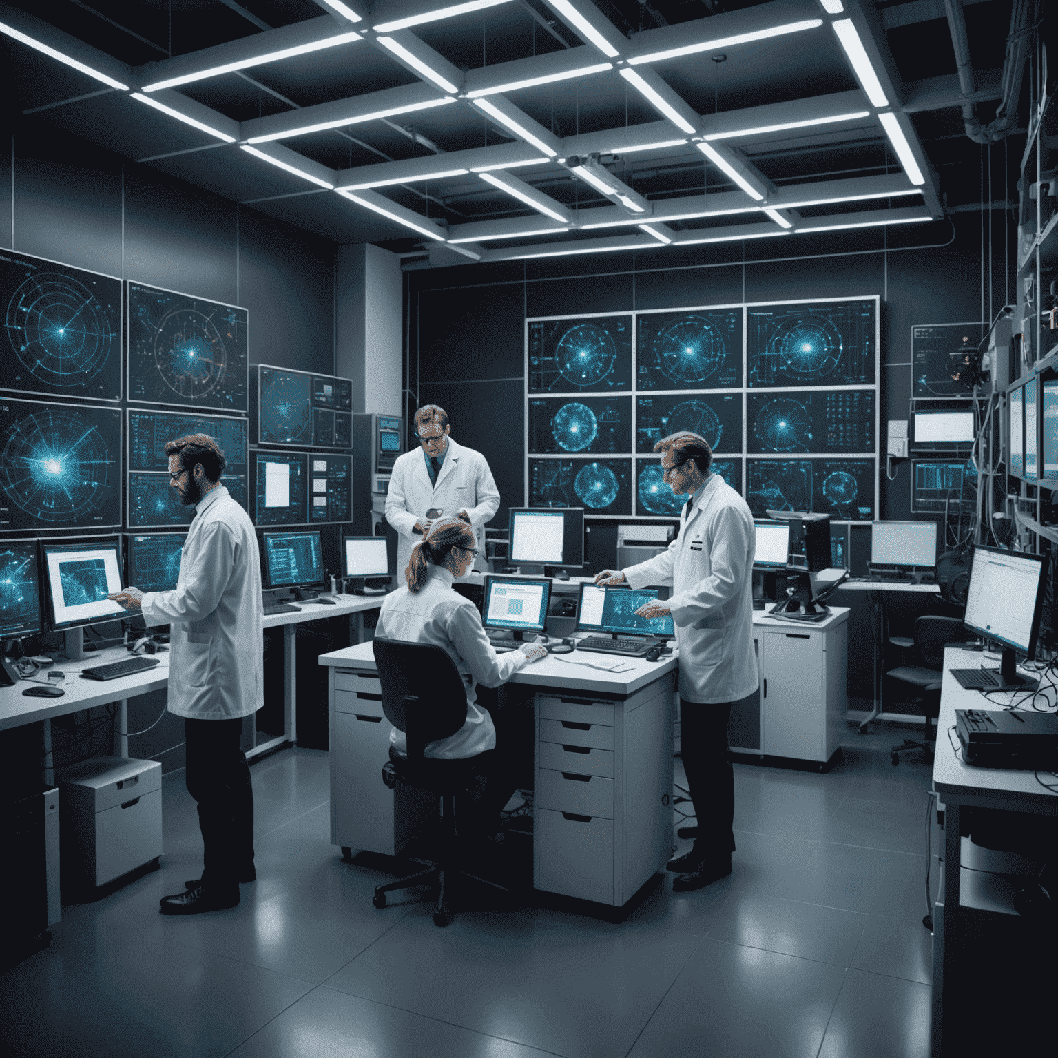 Scientists working in a high-tech qubetics laboratory with advanced equipment and holographic displays showing complex quantum calculations