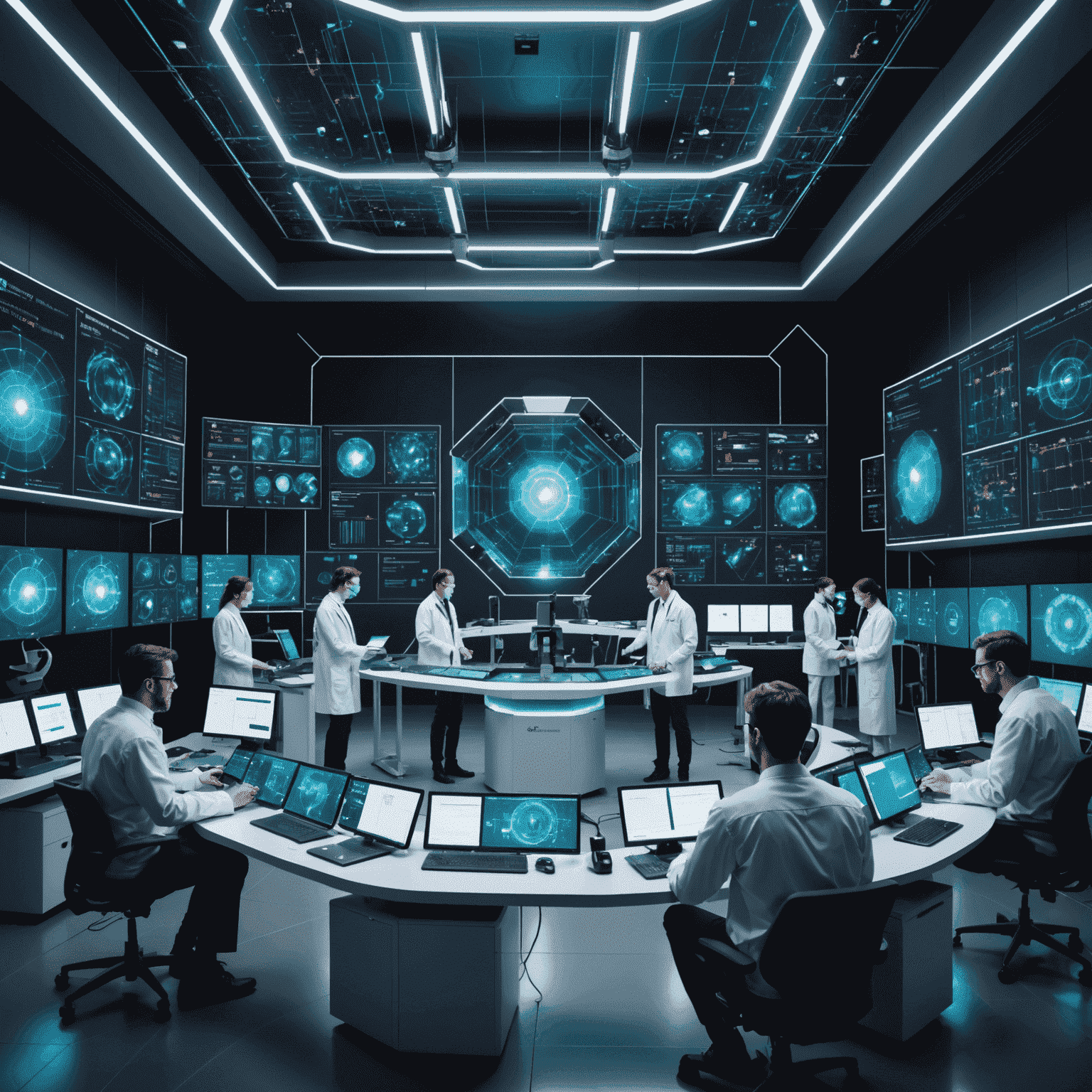 A futuristic laboratory with scientists working on advanced qubetic devices, surrounded by holographic displays showing complex quantum calculations