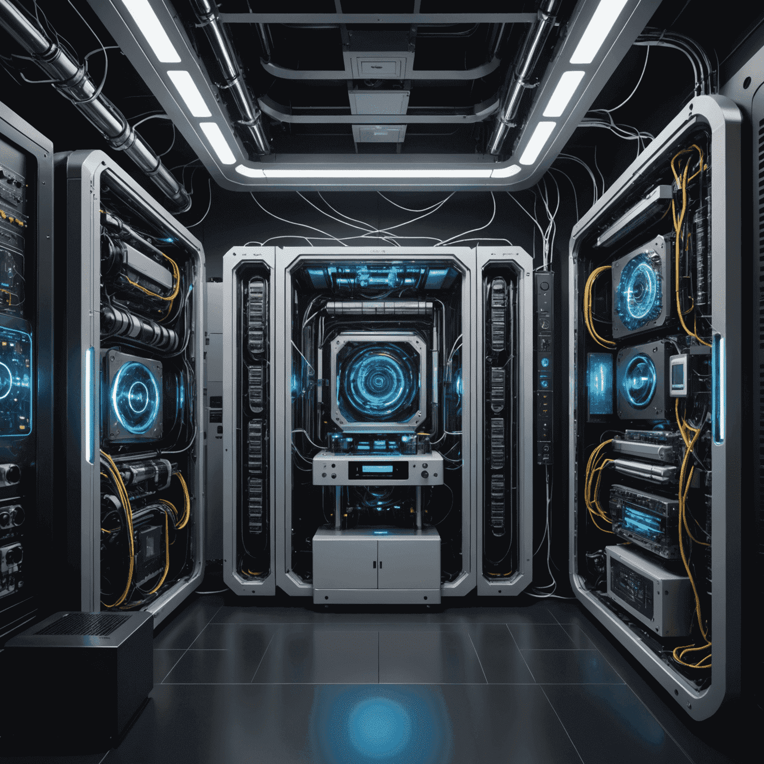 A complex quantum computer setup with intricate wiring and cooling systems, showcasing the latest advancements in qubetics technology