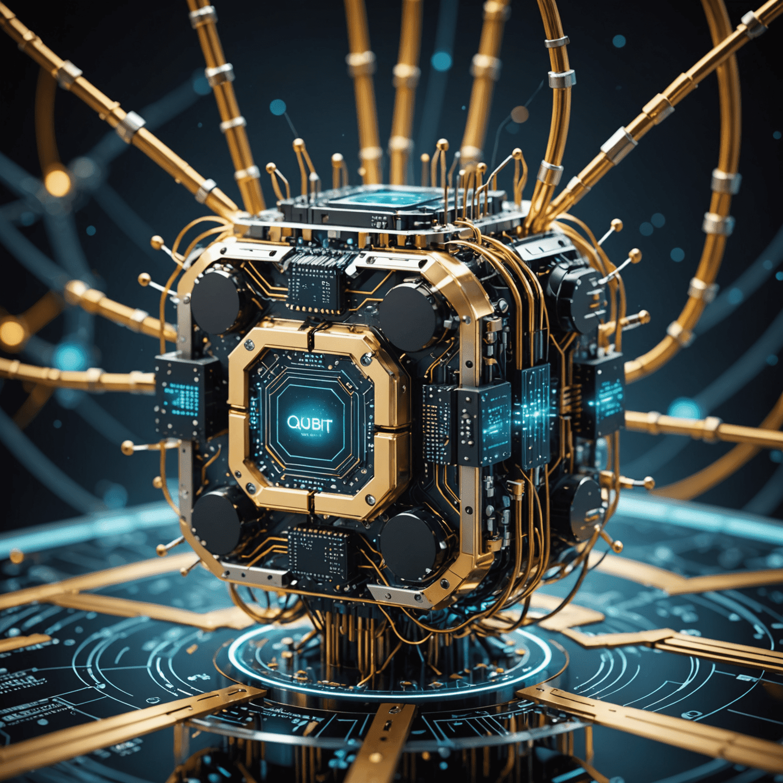 A futuristic representation of quantum computing with interconnected qubits and complex circuitry, showcasing the power and potential of quantum technology
