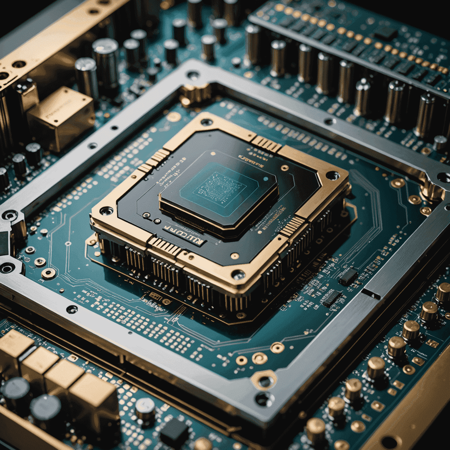 A close-up of a quantum processor with intricate circuitry and cooling systems, showcasing the cutting-edge technology of quantum computing