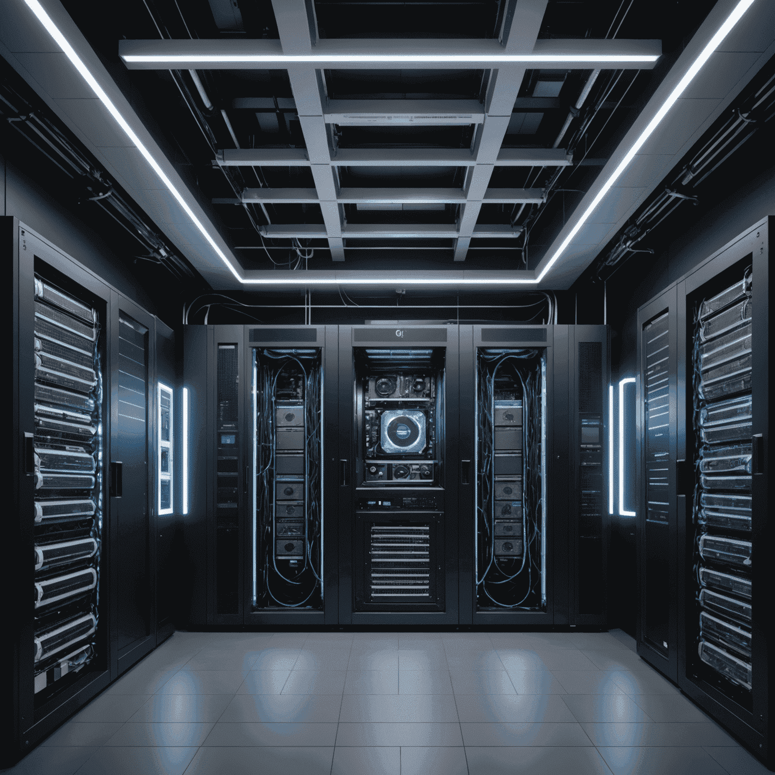 A sophisticated quantum computer setup with intricate wiring and cooling systems, integrated into a modern data center environment. The image showcases the seamless blend of quantum hardware with traditional computing infrastructure.