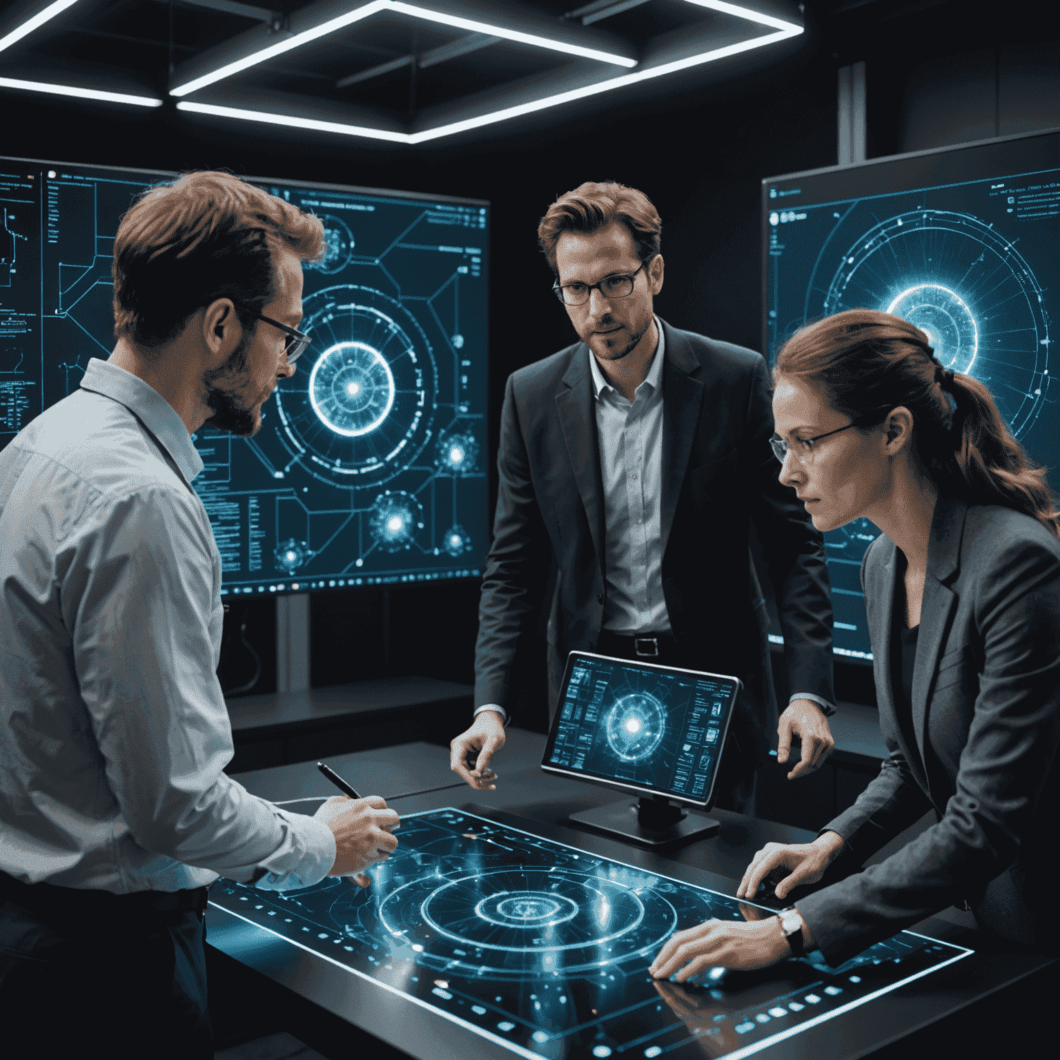 A team of quantum consultants discussing complex quantum algorithms on a holographic display, showcasing advanced technology and expertise in quantum computing