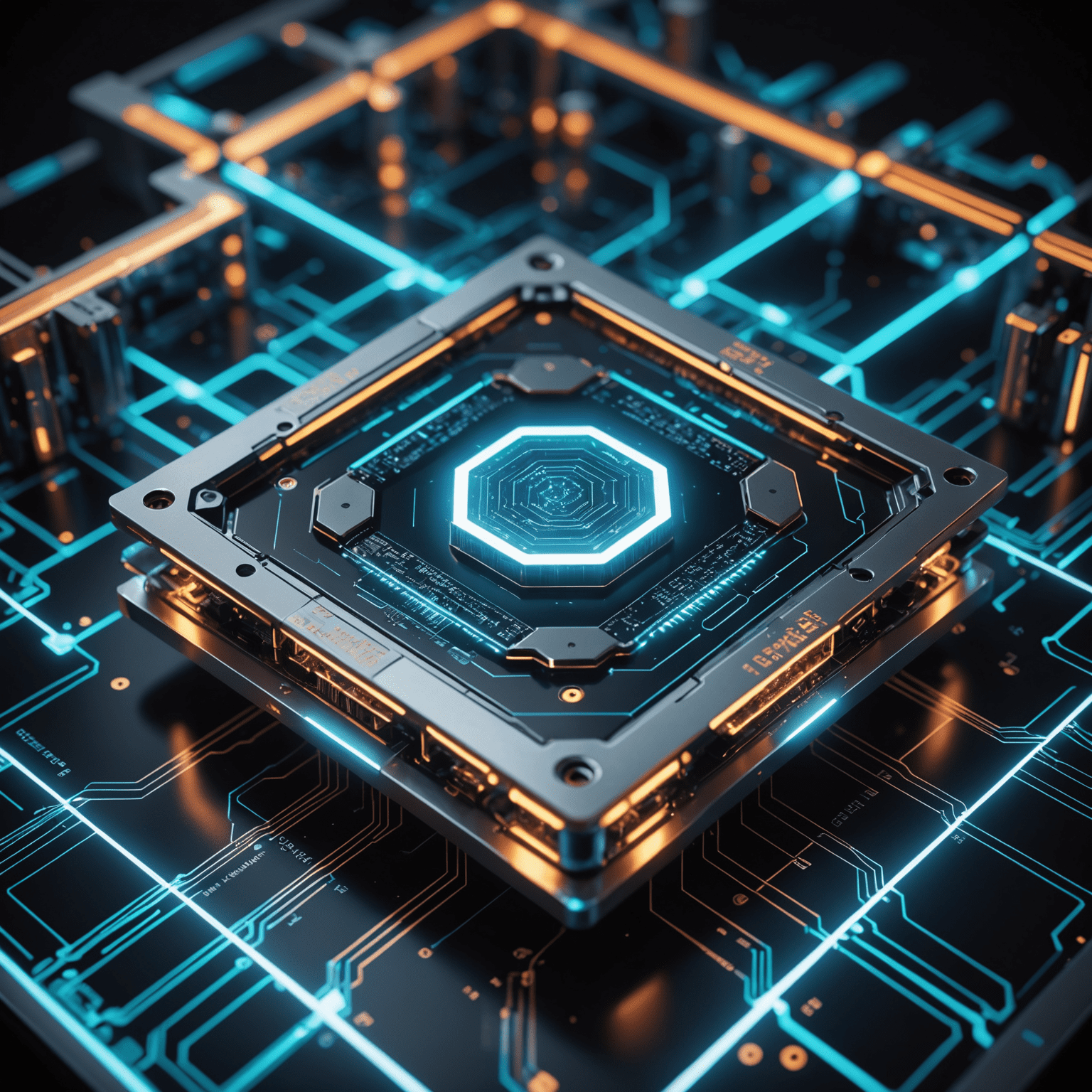 A futuristic qubetics chip glowing with pulsating energy, surrounded by holographic projections of complex data structures