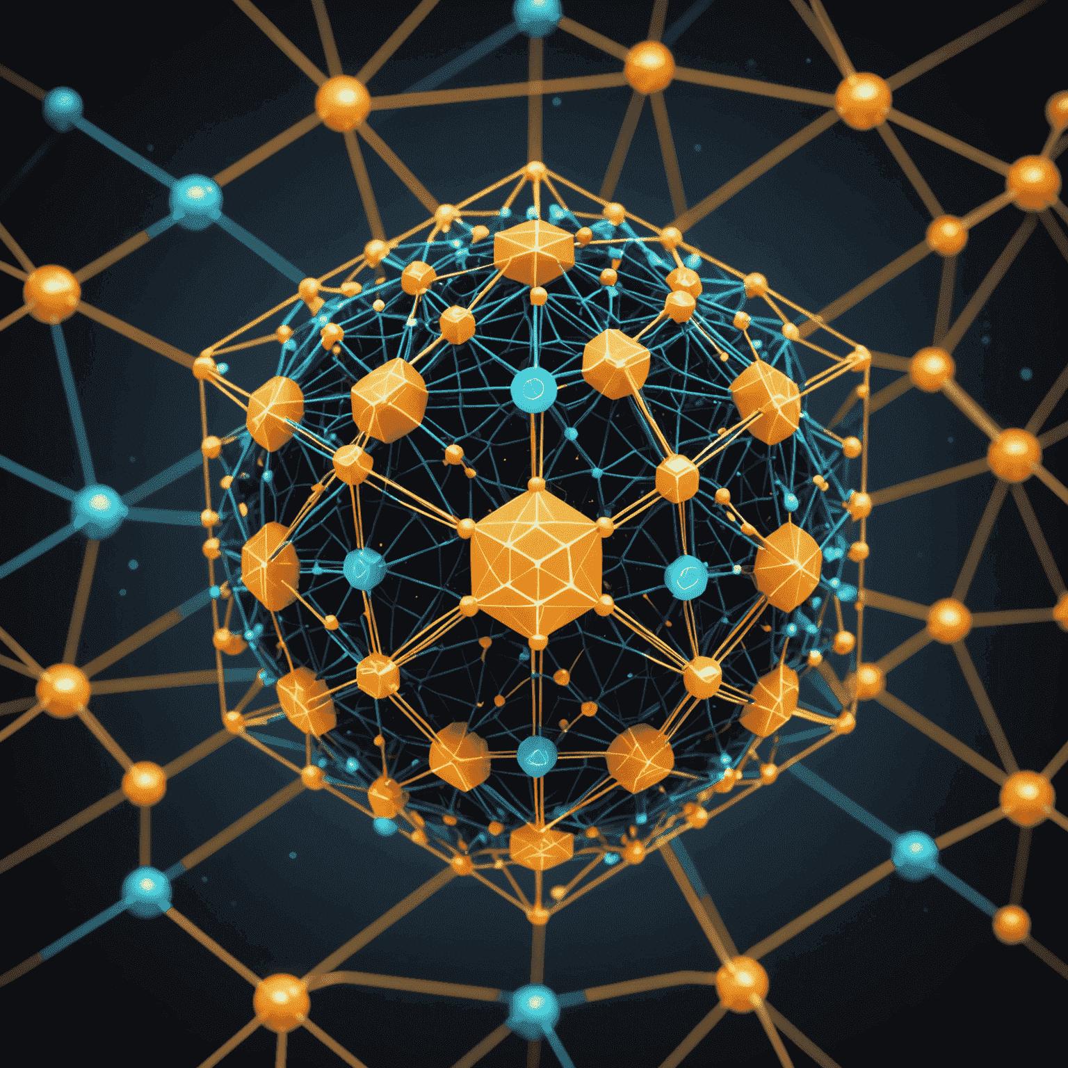 A 3D representation of a qubetic AI system, with glowing nodes representing qubits interconnected with neural network pathways