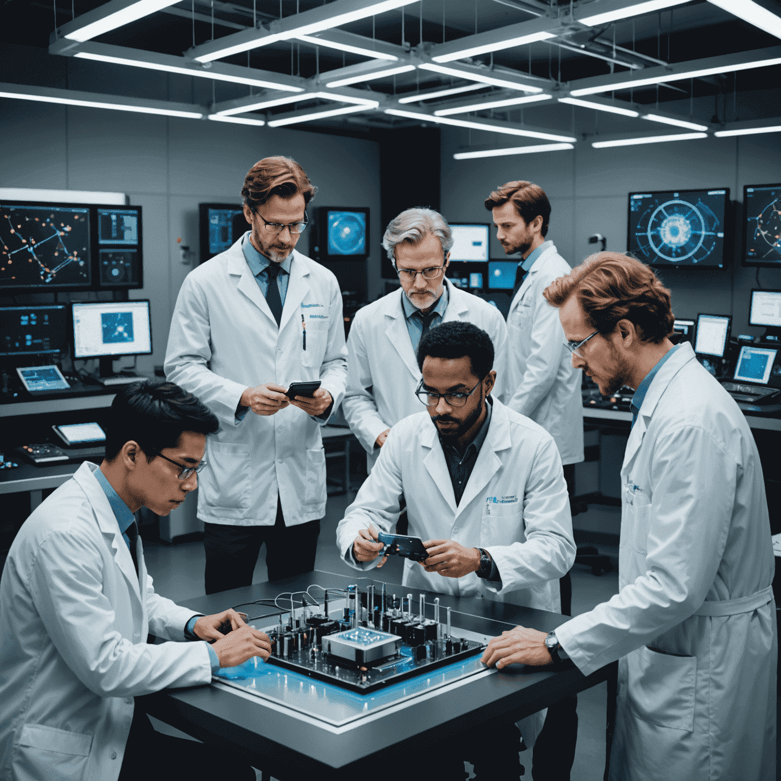 A diverse group of scientists from various countries collaborating in a high-tech qubetics laboratory, surrounded by advanced quantum computing equipment