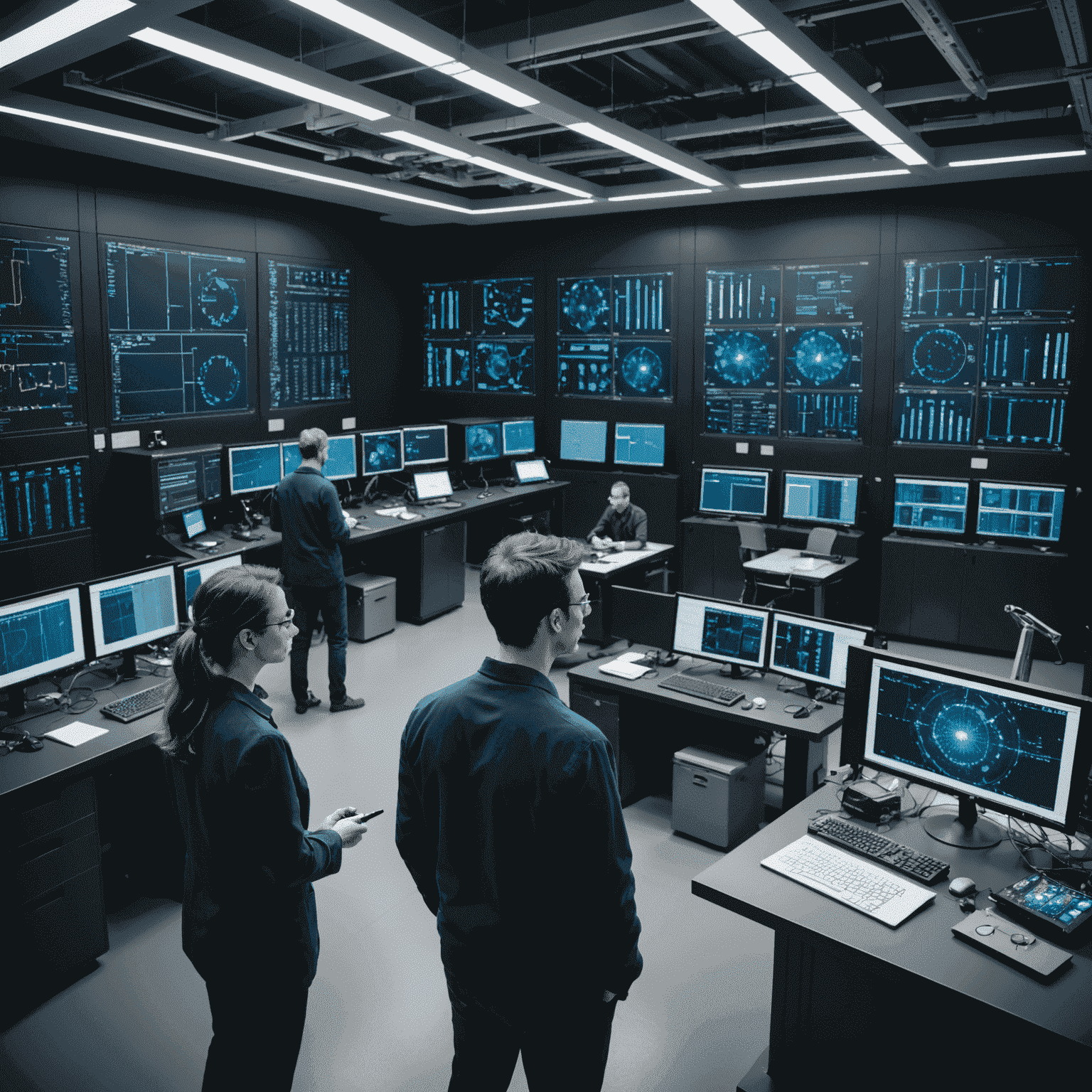 A state-of-the-art quantum computing laboratory with researchers working on advanced quantum hardware and displays showing complex quantum simulations