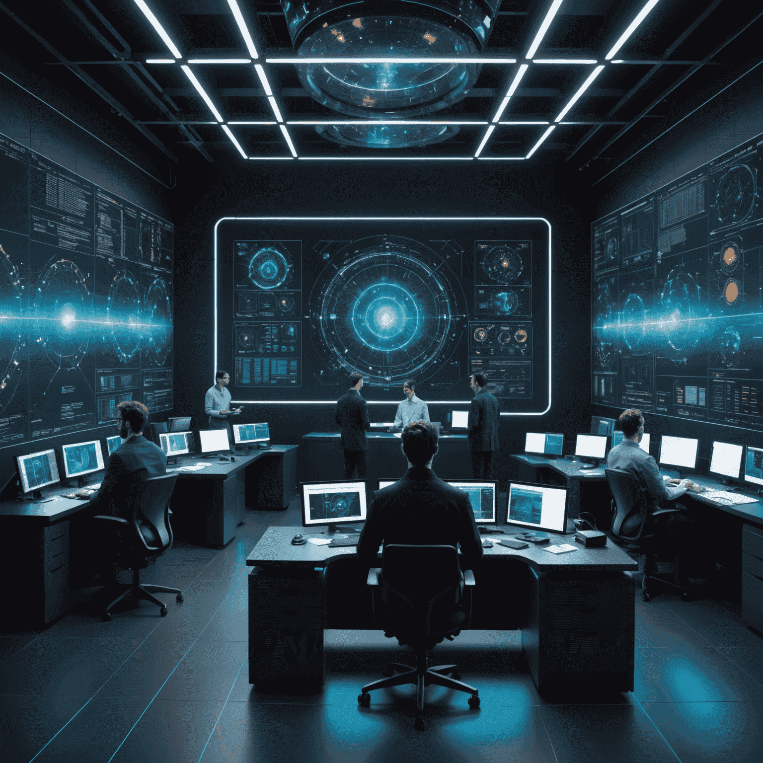 A futuristic quantum computer lab with researchers working on advanced quantum algorithms, surrounded by holographic displays showing complex quantum circuits and data visualizations