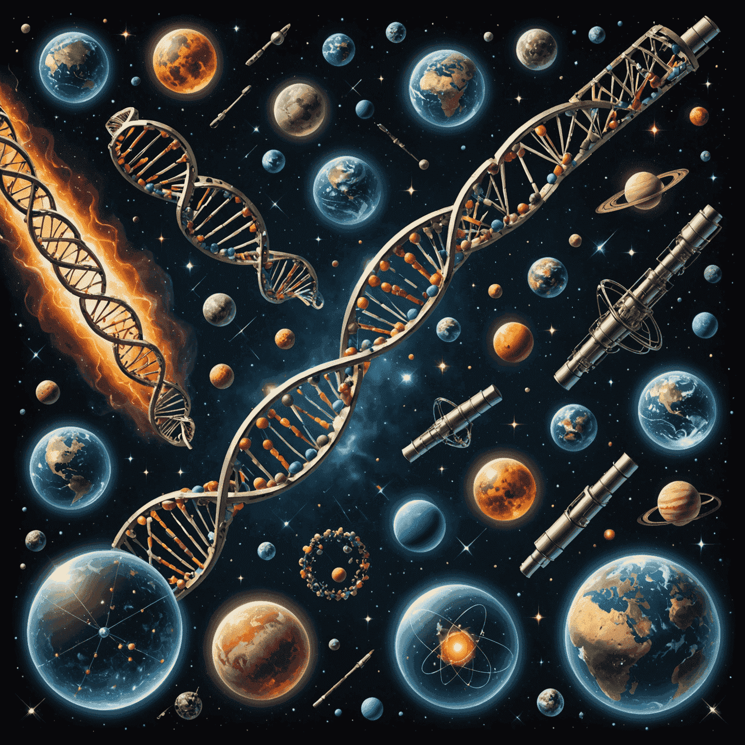 A montage of scientific imagery, including DNA strands, space telescopes, and laboratory equipment, illustrating recent breakthroughs in various scientific fields