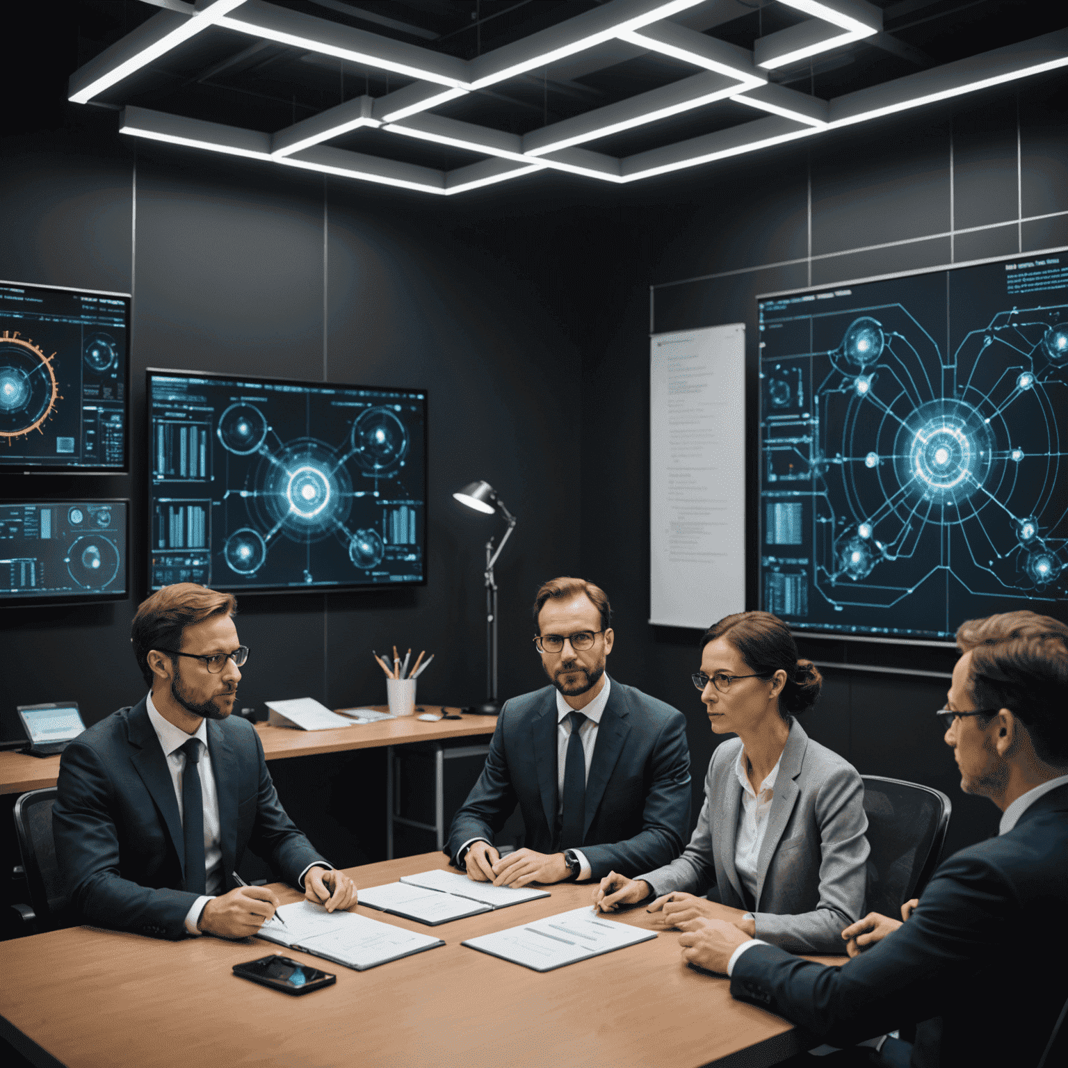 A professional setting with quantum experts discussing and planning quantum technology implementation with clients, emphasizing the consultative and strategic nature of the service